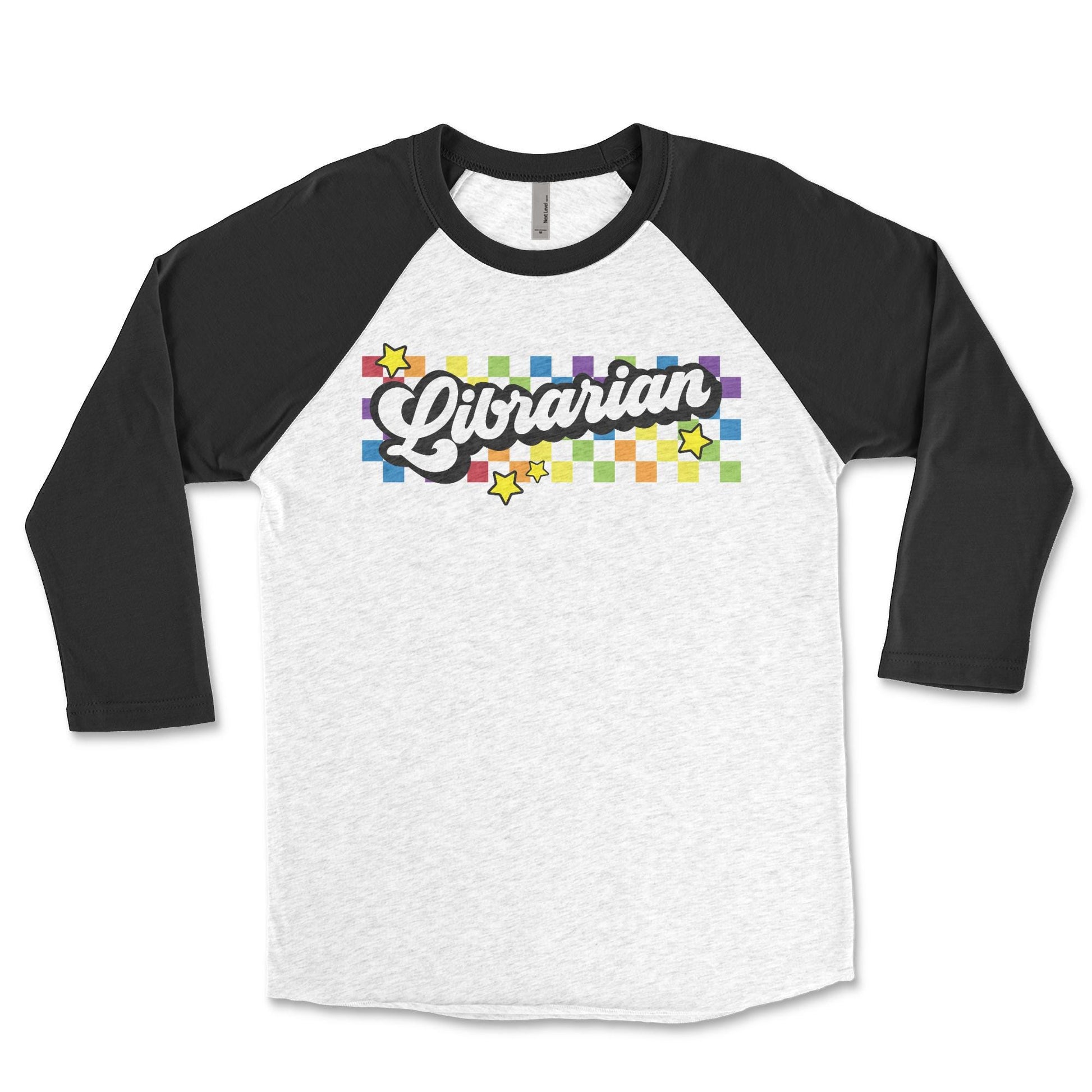 A white and black long-sleeved t-shirt with a graphic design on the front.