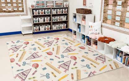 Vintage Neutral School Supplies Pattern Classroom Rug | Be Kind Pencil Scissors Reading Rug