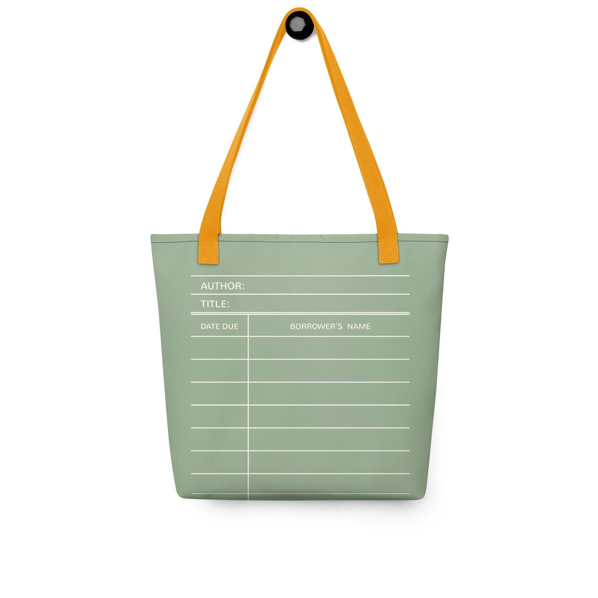 A green tote bag with a white library card design printed on it.