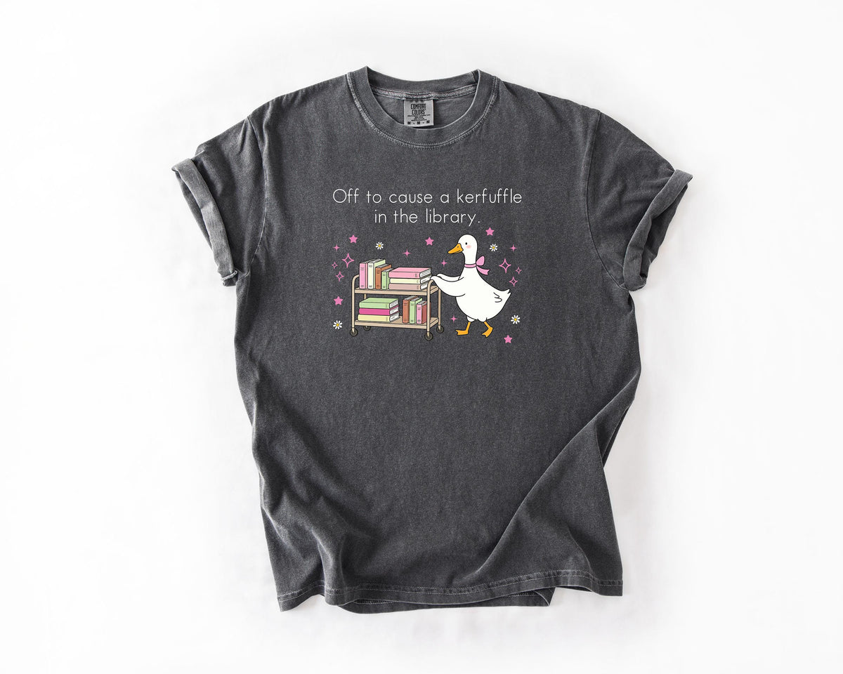 Funny Librarian Shirt: Cute Goose Book Cart Tee, Off to Cause a Kerfuffle in the Library