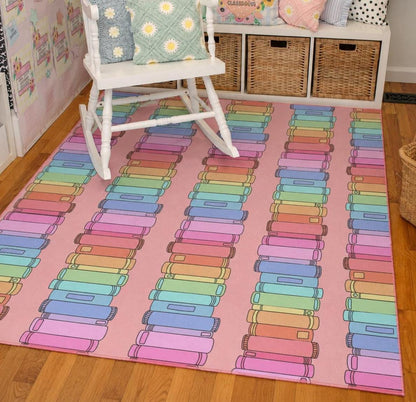 Rainbow Stacked Books Classroom Rug | Pink Bookish Library Rug