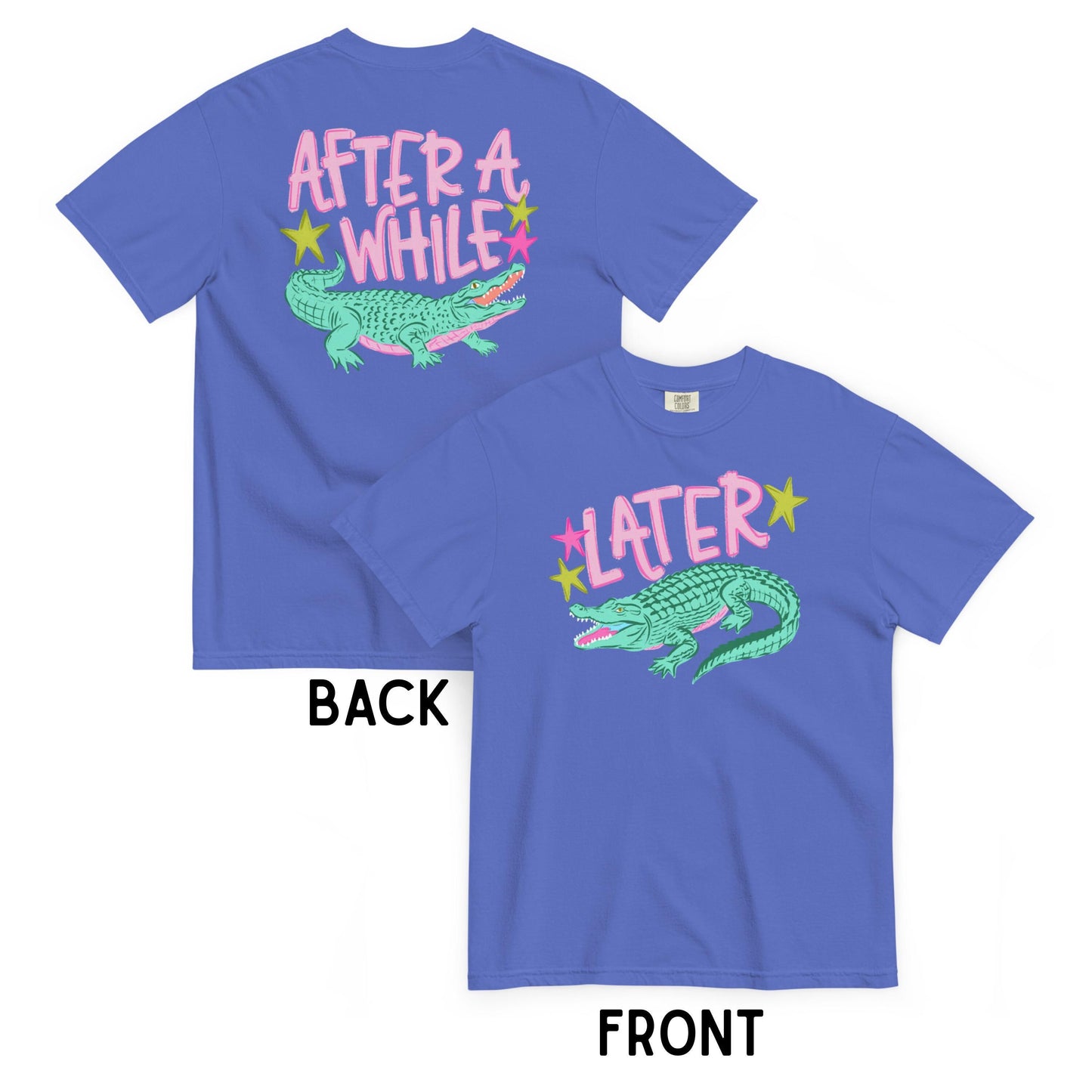 The image is a collage of two images, one showing the back of a blue t-shirt with a graphic of a green alligator and the other showing the front of the same t-shirt with the same graphic.