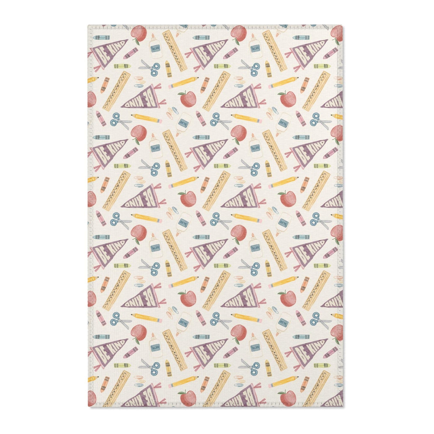 Vintage Neutral School Supplies Pattern Classroom Rug | Be Kind Pencil Scissors Reading Rug