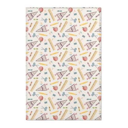 Vintage Neutral School Supplies Pattern Classroom Rug | Be Kind Pencil Scissors Reading Rug