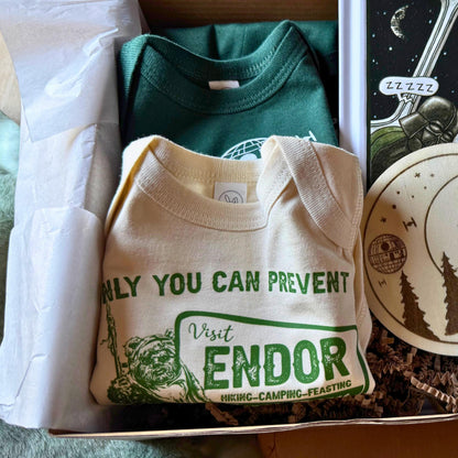Custom Star Wars© Galactic Baby Shower Gift Box: Death Star & Endor Bodysuits, Socks, and Book Set | Perfect Baby Gift Basket Nerdy