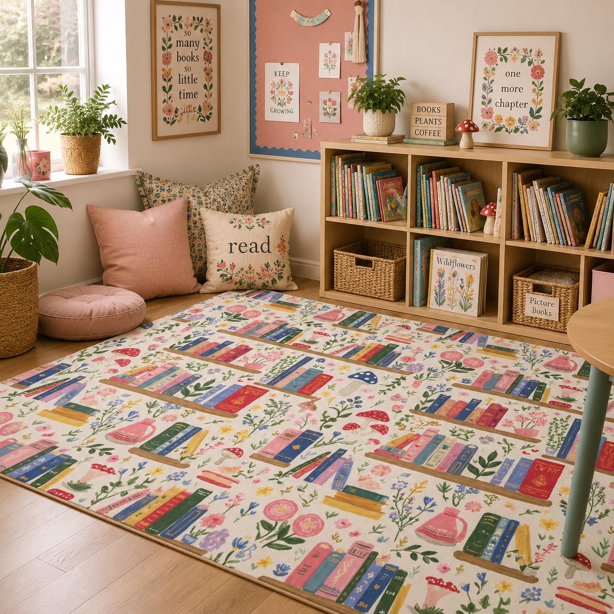 Mushrooms and Books Reading Area Rug | Colorful Classroom Rug
