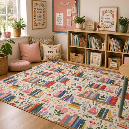 Mushrooms and Books Reading Area Rug | Colorful Classroom Rug