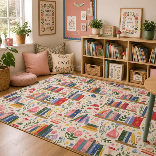 Mushrooms and Books Reading Area Rug | Colorful Classroom Rug