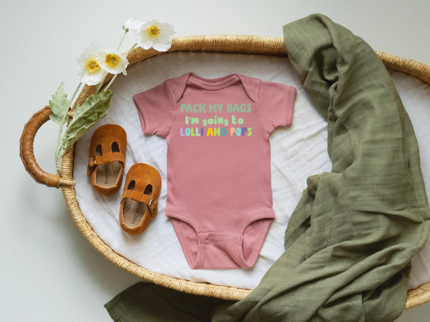 Lolli and Pops Baby Onesie Pack My Bags | Grandparent Announcement Baby Shower Gift