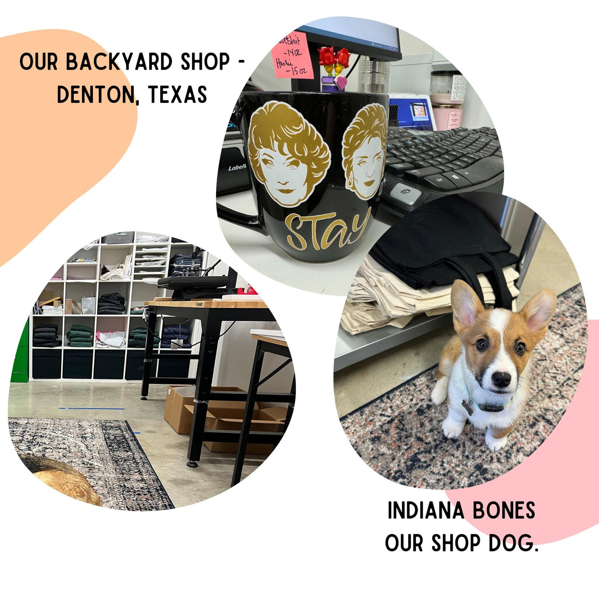 The image is a collage of three photos depicting a backyard shop in Denton, Texas, featuring a dog, a mug with a face, and a desk with a computer.