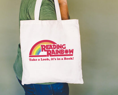 Reading Rainbow Canvas Tote Bag – Retro 80s Book Lover Tote, Librarian Teacher Gift, Vintage Aesthetic Reading Bag