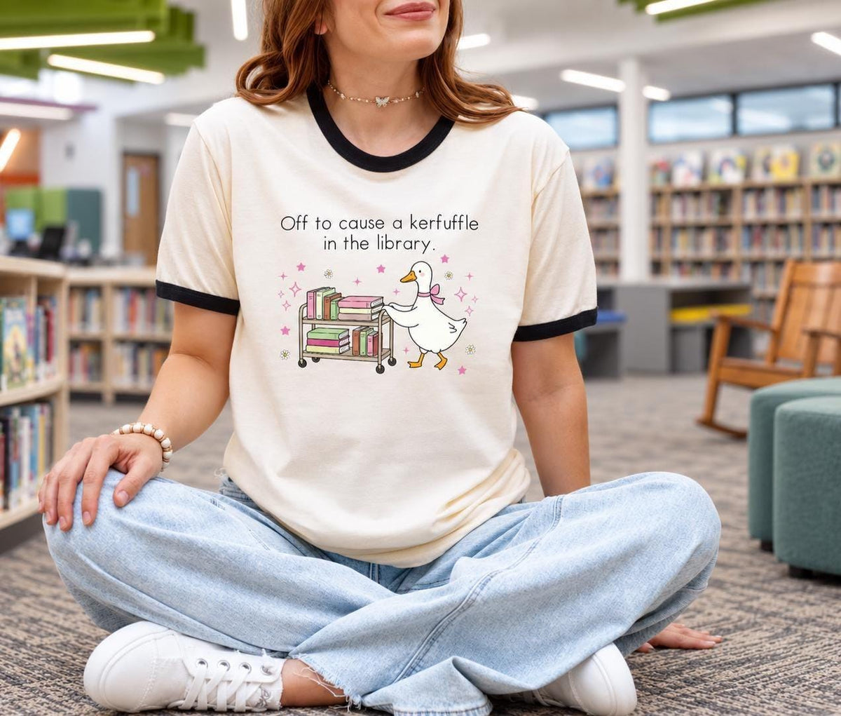 Funny Librarian Ringer Tee, Kerfuffle in the Library Goose Shirt, Cute Book Cart Shirt