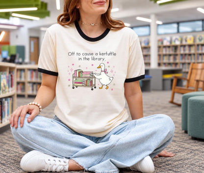 Funny Librarian Ringer Tee, Kerfuffle in the Library Goose Shirt, Cute Book Cart Shirt