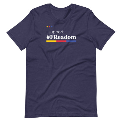 A navy blue t-shirt with the text "I support #Readom" printed on it.