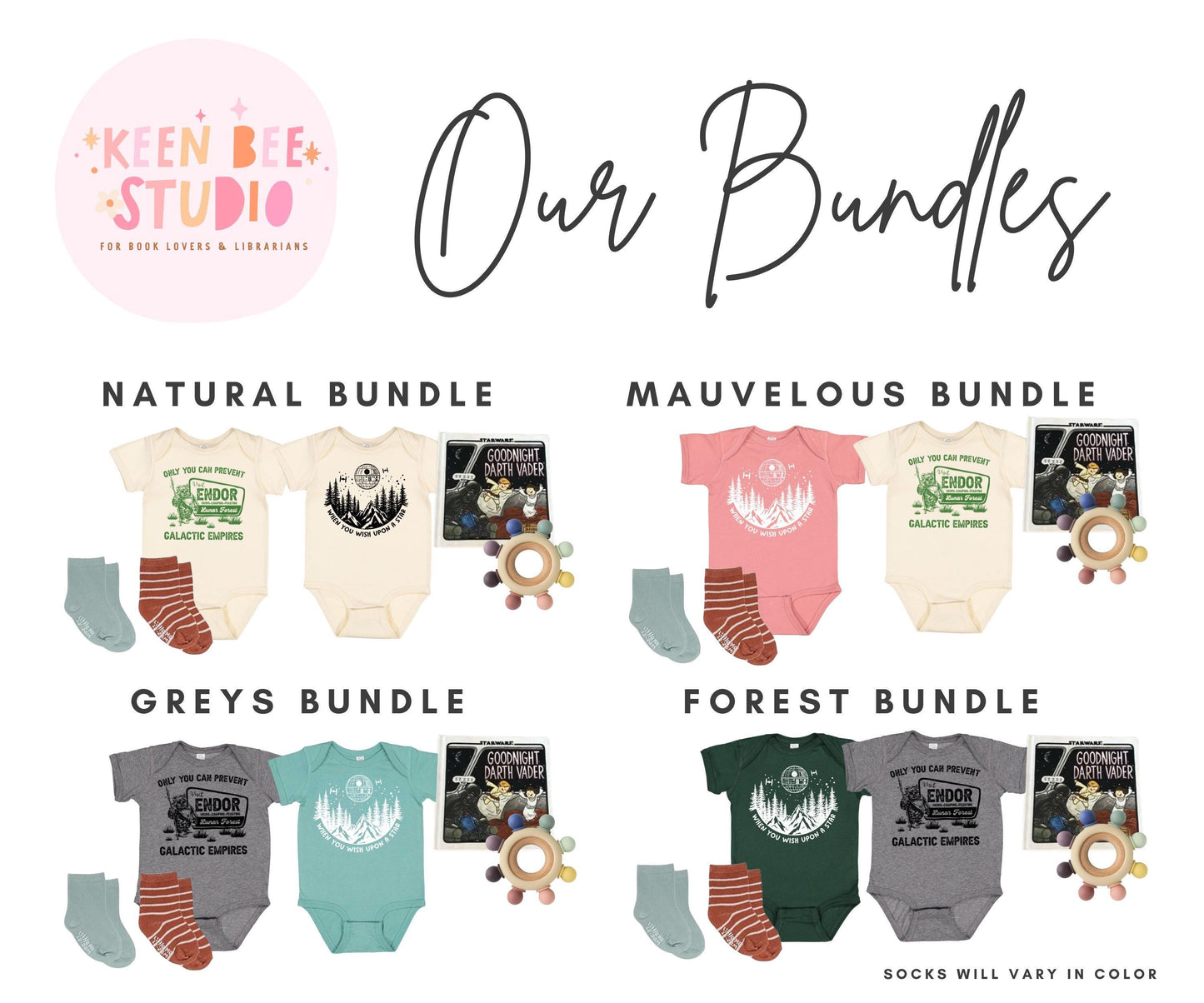 Custom Star Wars© Galactic Baby Shower Gift Box: Death Star & Endor Bodysuits, Socks, and Book Set | Perfect Baby Gift Basket Nerdy