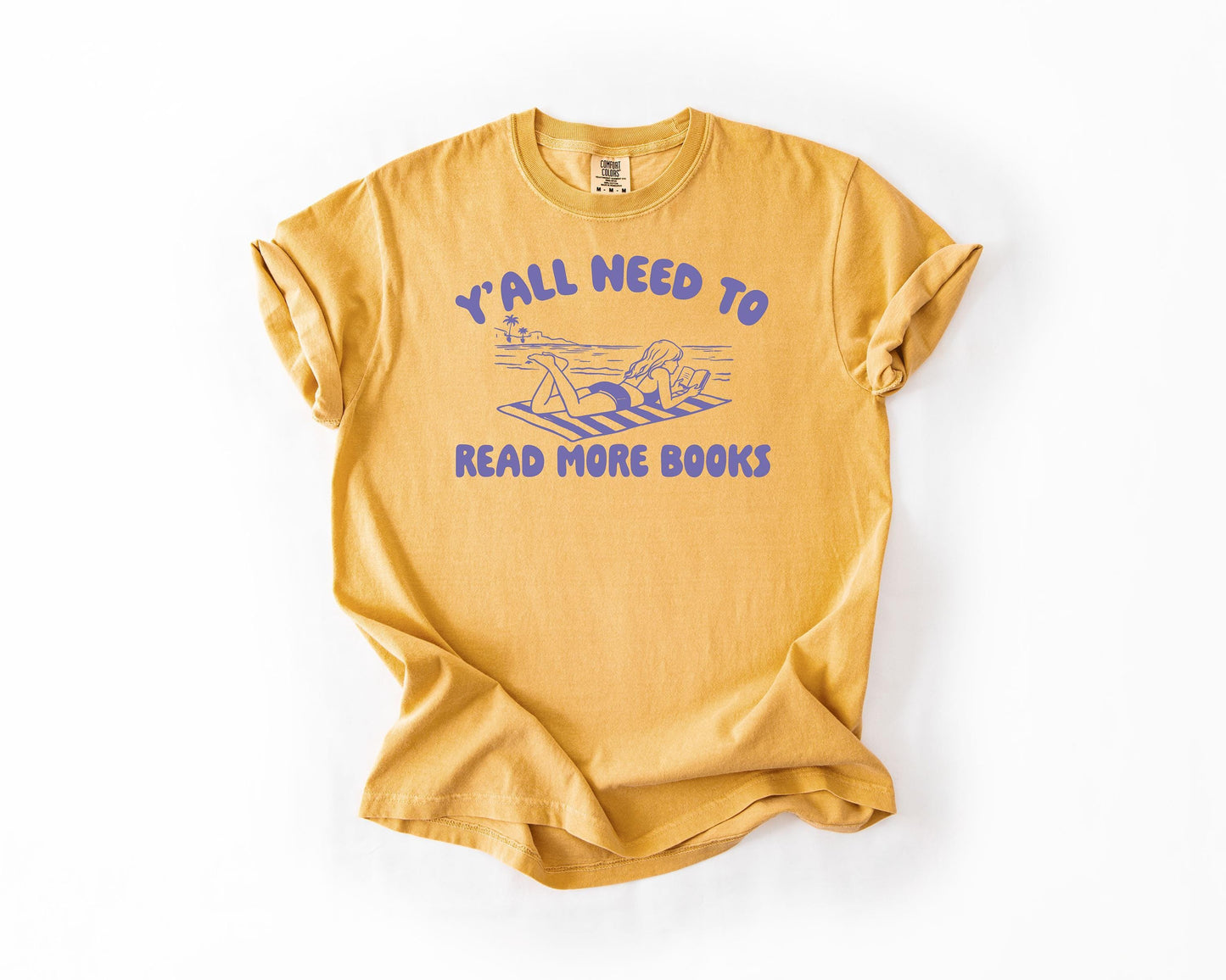A yellow t-shirt with a graphic design and text printed on it.