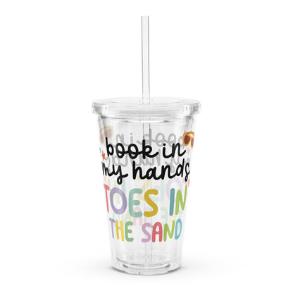 Book in My Hands, Toes in the Sand Clear plastic tumbler