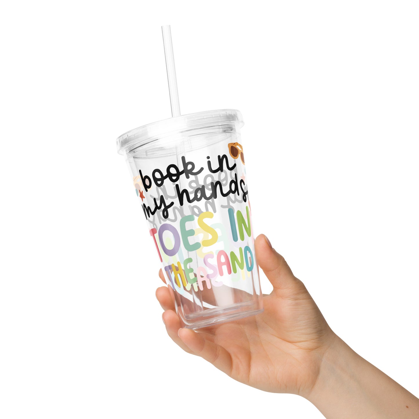 Book in My Hands, Toes in the Sand Clear plastic tumbler