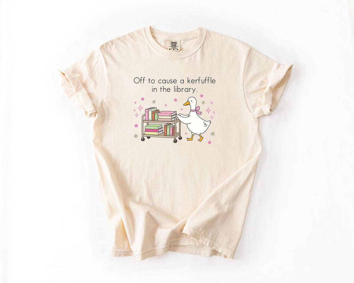 Funny Librarian Shirt: Cute Goose Book Cart Tee, Off to Cause a Kerfuffle in the Library