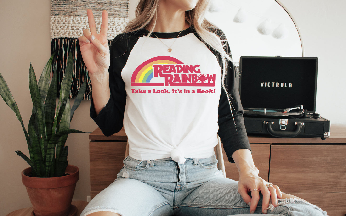 Vintage Reading Rainbow  Take a Look It's in a Book Raglan: Reading Tshirt Book Lover Librarian 3/4 Sleeve T-Shirt Reading with Rainbow