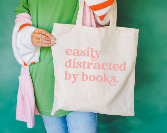 Book Lover Tote Bag - Easily Distracted by Books - 100% Cotton Material | 20" Handles | 9" Handle Drop