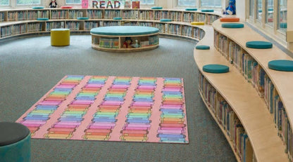 Rainbow Stacked Books Classroom Rug | Pink Bookish Library Rug