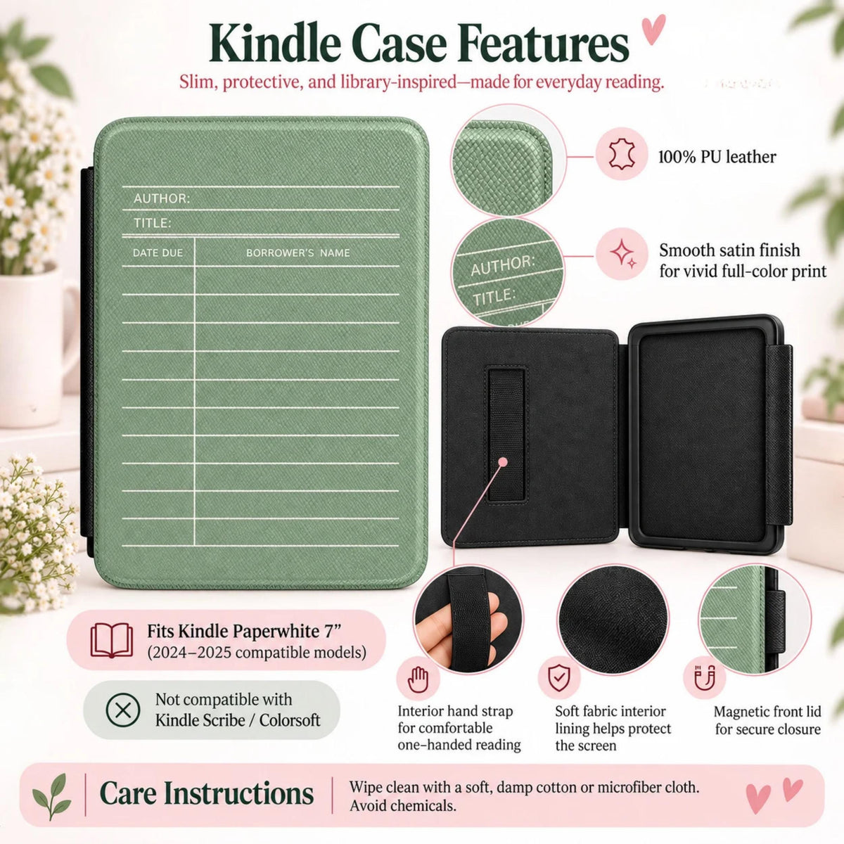 Vintage Library Card Kindle Case, Bookish Reading Design, PU Leather Cover | Paperwhite 7” Fit