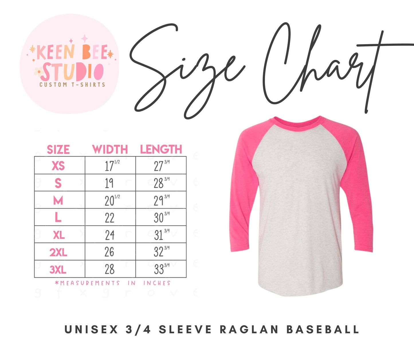 The image is a size chart for a 3/4 sleeve raglan baseball t-shirt, with a pink and white color scheme. The chart provides measurements for different sizes, including XS, SM, L, XL, 2XL, and 3XL, along with corresponding width and length.