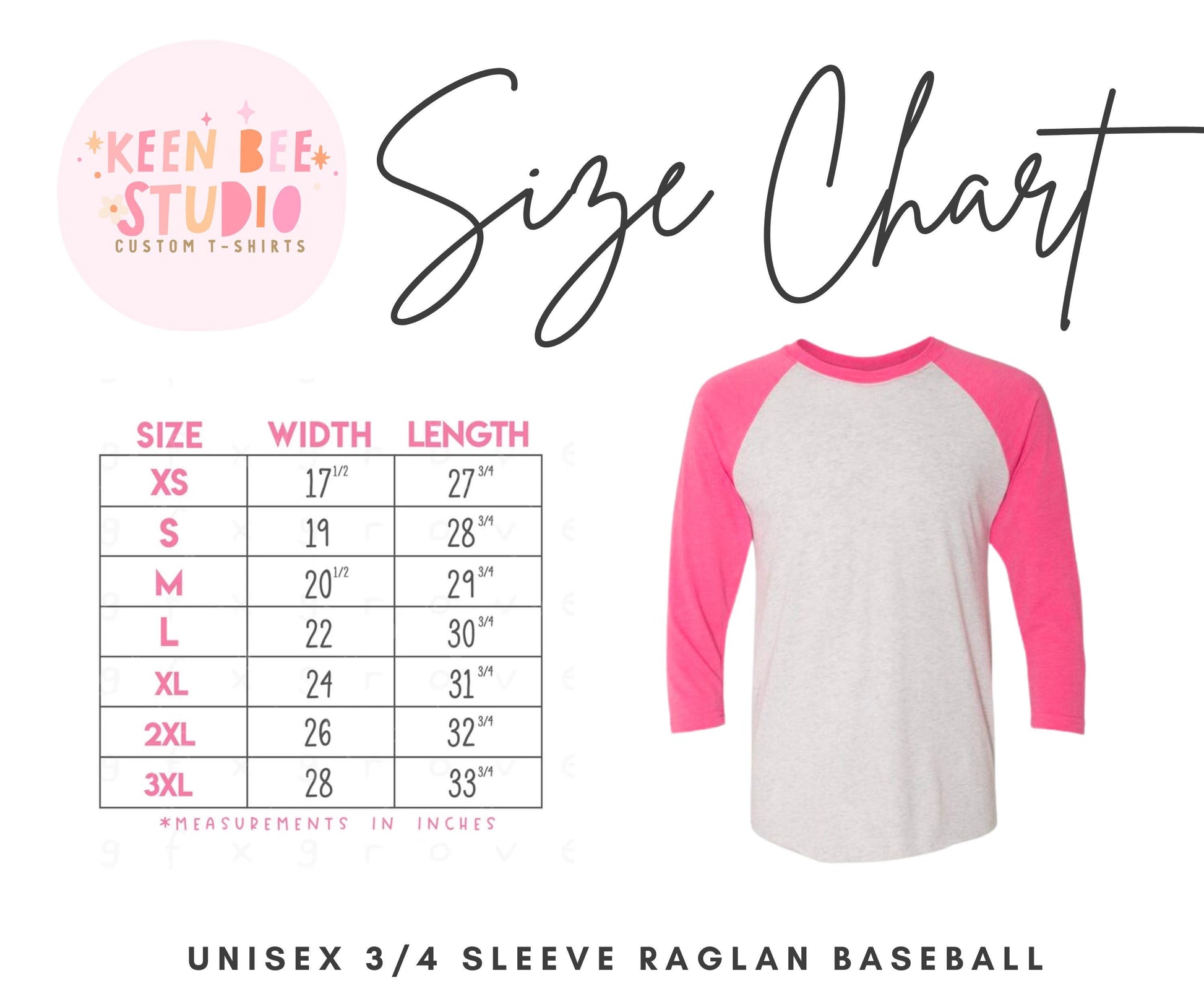 The image is a size chart for a 3/4 sleeve raglan baseball t-shirt, with a pink and white color scheme. The chart provides measurements for different sizes, including XS, SM, L, XL, 2XL, and 3XL, along with corresponding width and length.