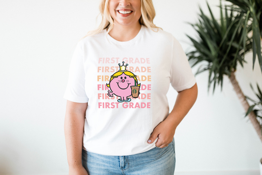 Little Miss First Grade with Her Iced Coffee Teacher Short Sleeve T-shirt