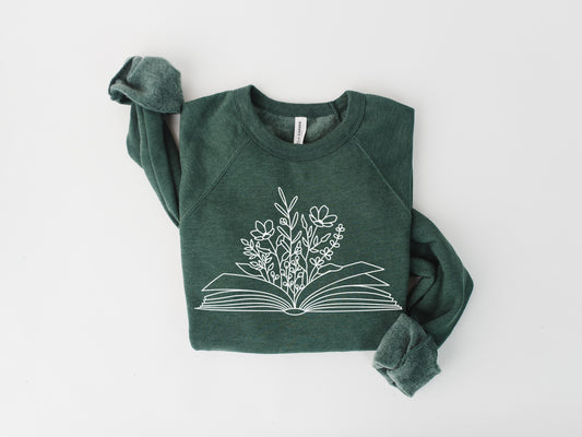 Cozy Reading Sweatshirt - Wildflowers and Books - Heather Forest