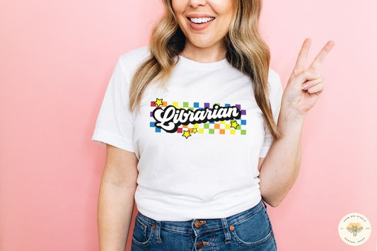 Retro Rainbow Checkered Librarian Short Sleeve T-shirt