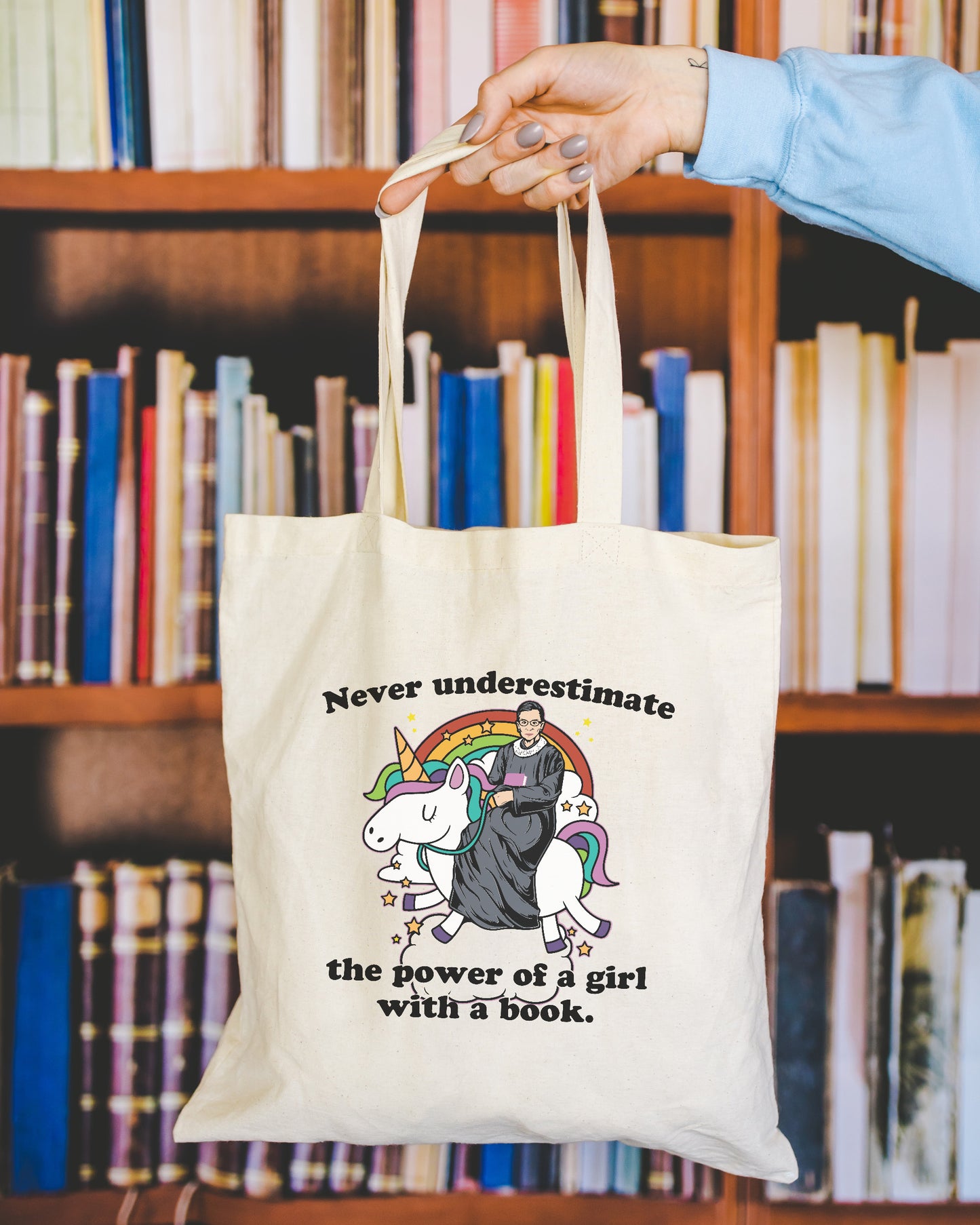 Never Underestimate a Girl With a Book RGB Unicorn Canvas Tote Bag
