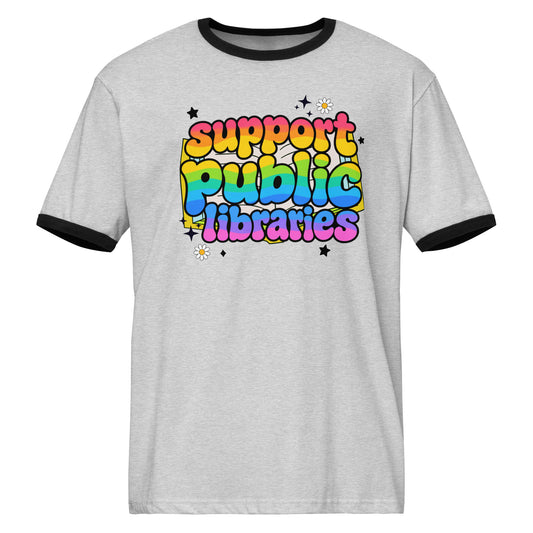 Support Public Libraries Ringer Tee, Lightweight Cotton, Retro Trim