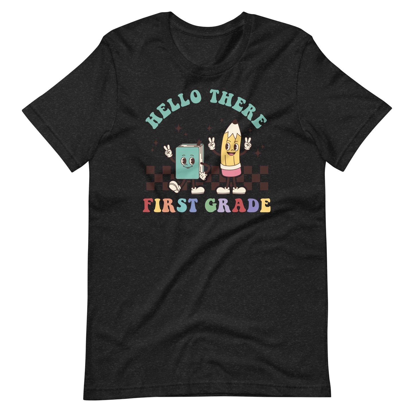 Hello First Grade Groovy Retro Book and Pencil | First Grade Teacher Shirt