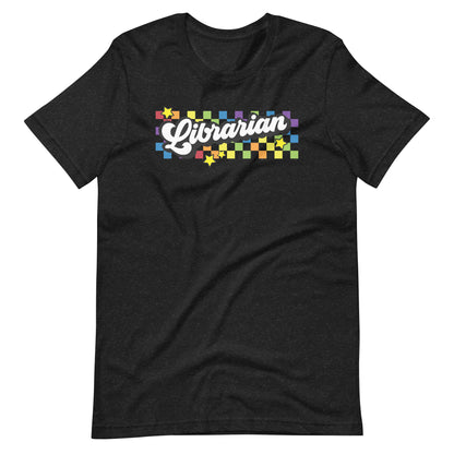 Retro Rainbow Checkered Librarian Short Sleeve T-shirt