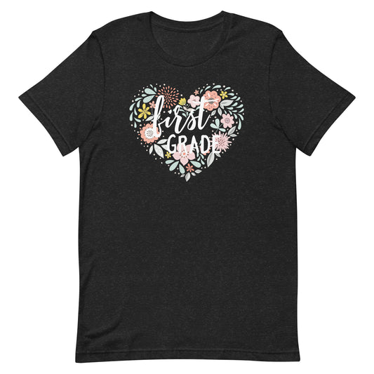 Floral Heart Farmhouse First Grade Teacher Short Sleeve T-shirt