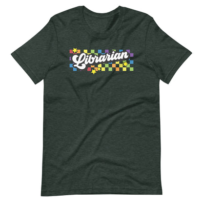 Retro Rainbow Checkered Librarian Short Sleeve T-shirt