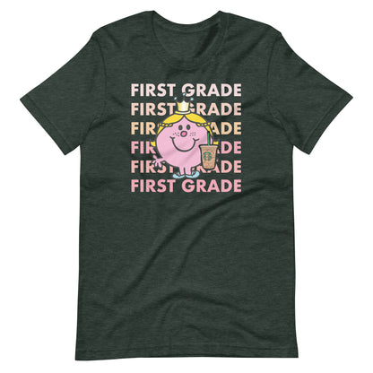 Little Miss First Grade with Her Iced Coffee Teacher Short Sleeve T-shirt