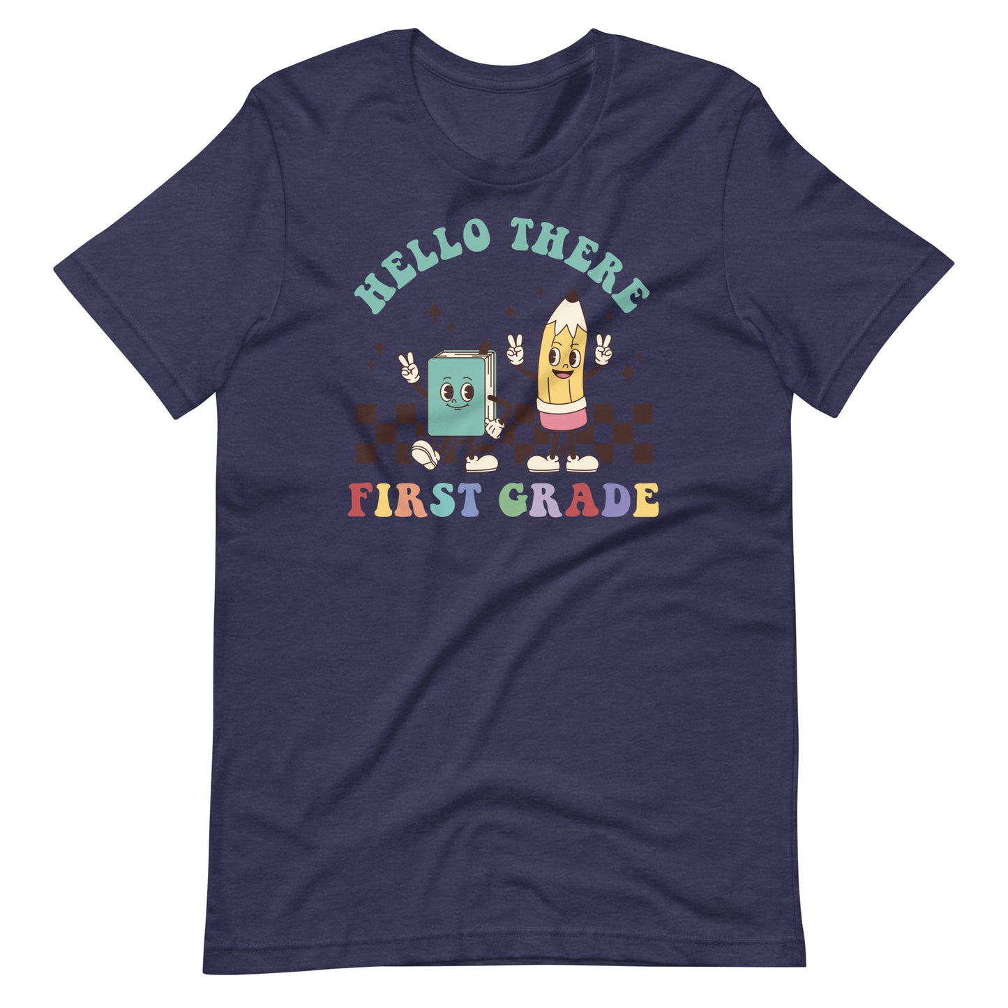 Hello First Grade Groovy Retro Book and Pencil | First Grade Teacher Shirt
