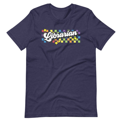 Retro Rainbow Checkered Librarian Short Sleeve T-shirt