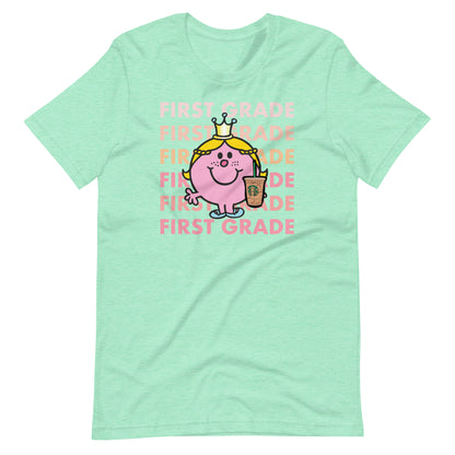 Little Miss First Grade with Her Iced Coffee Teacher Short Sleeve T-shirt