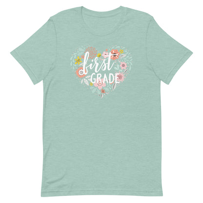 Floral Heart Farmhouse First Grade Teacher Short Sleeve T-shirt