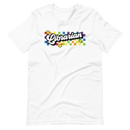 Retro Rainbow Checkered Librarian Short Sleeve T-shirt