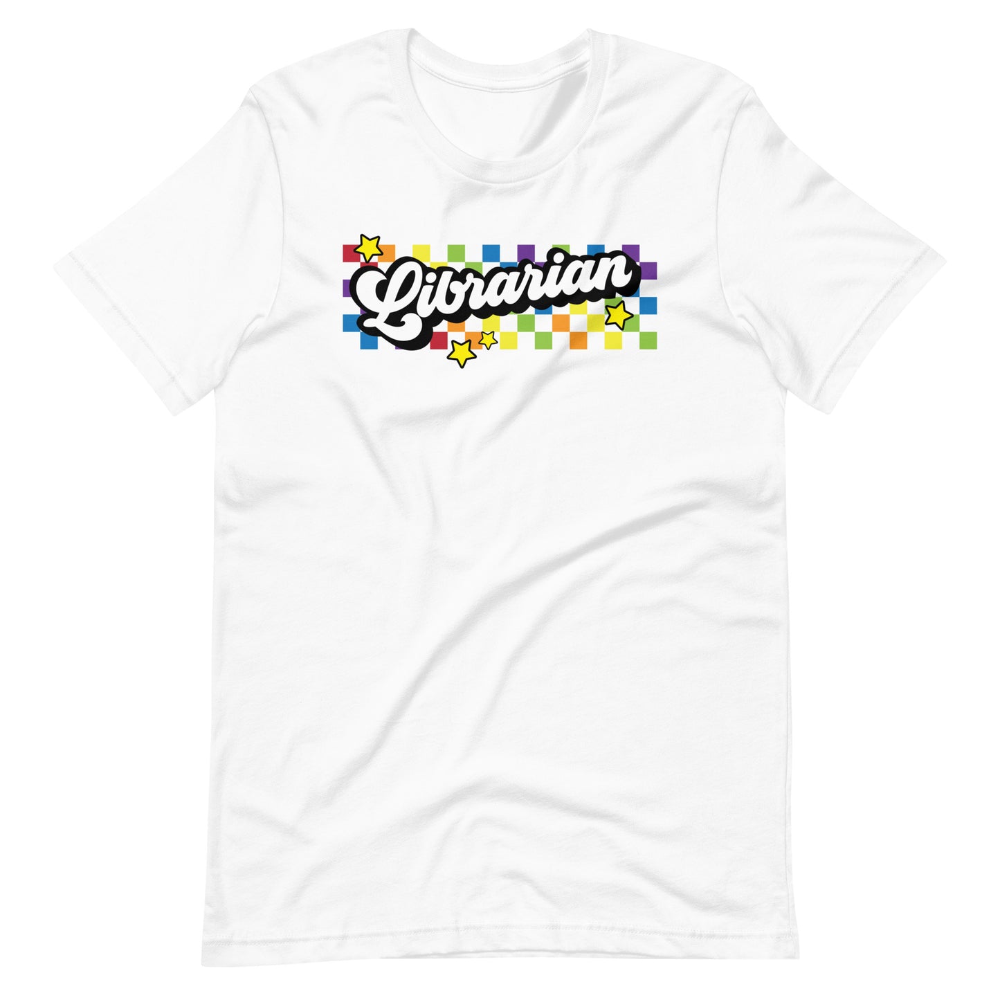Retro Rainbow Checkered Librarian Short Sleeve T-shirt